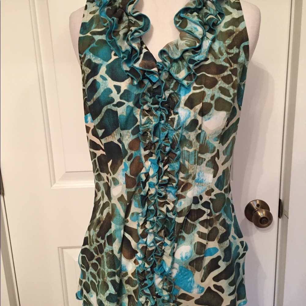 ETCETERA TOP BLOUSE SLEEVELESS BLUE WHITE BROWN PRINT RUFFLE Size 4